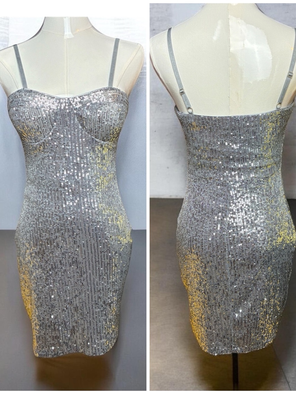 AUW Silver Sequin Spaghetti Strap Mini Dress Tight Short Sequins Shiny